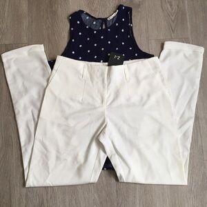 White Front Pleat Straight Leg Pants Cuffed New